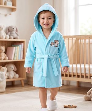 Babyhug Knit Terry Full Sleeves Bath Robe With Teddy Bear Embroidery - Light Blue