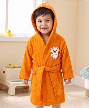 Babyhug Terry Knit Solid Full Sleeves Bath Robe With Puppy Print - Orange