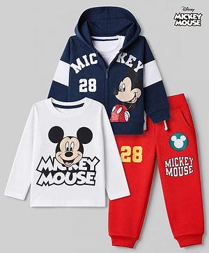 Babyhug Disney 100% Cotton Terry Full Sleeves T-Shirt, Hooded Sweatshirt and Jogger with Mickey Mouse Graphic Print - Navy Blue White & Red