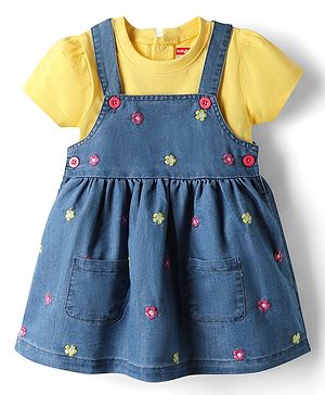 Babyhug 100% Cotton Woven Half Sleeves Denim Frocks with Inner Tee & Floral Embroidery - Blue