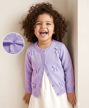 Babyhug Knit Full Sleeves Front Open Sweater With Bow Applique - Lavender
