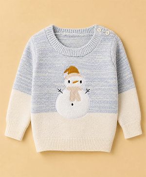 Babyhug Cotton Knit Full Sleeves Pullover With Snowman Applique - Sky Blue