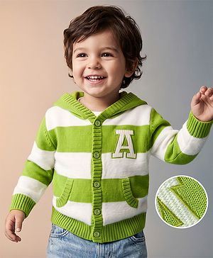 Babyhug Knit Full Sleeves Striped Hooded Front Open Sweater with Text Badge - Green