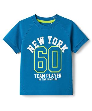 Babyhug Cotton Knit Half Sleeves T-Shirt with New York 60 Print - Blue