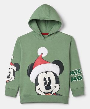 Pine Kids Disney 100% Cotton Terry Knit Oversized Hooded Sweatshirt with Full Sleeves and Mickey Mouse Print - Olive Green