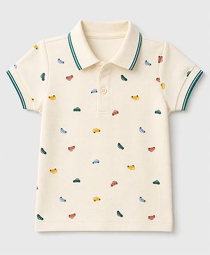 Zero Cotton Sinker Knit Polo T-Shirt with Half Sleeves and Car Print - Cream