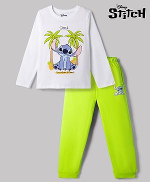 Pine Kids Disney Single Jersey Knit Full Sleeves T-Shirt & Pyjama Night Suit with Stitch Graphics - White