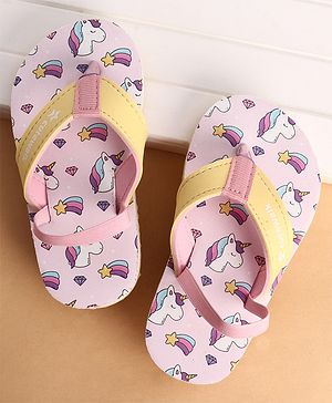 Cute Walk by Babyhug Back Strap Closure Flip Flops With Unicorn Print - Purple & Yellow