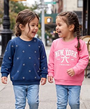 Babyhug Heavy Gauge 100% Cotton Terry Knit Full Sleeves Sweatshirts With Bow & Text Print Pack of 2 - Navy & Pink