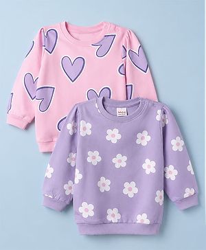 Babyhug Heavy Gauge 100% Cotton Terry Knit Full Sleeves Sweatshirts With Heart & Floral Print Pack of 2 - Pink & Purple