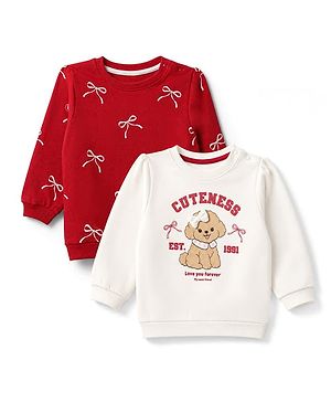 Babyhug Heavy Gauge 100% Cotton Terry Knit Full Sleeves Sweatshirts With Bow & Puppy Print Pack of 2 - Red & Beige