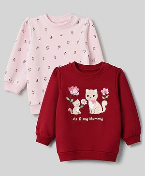 Babyhug Heavy Gauge 100% Cotton Terry Knit Full Sleeves Sweatshirts With Cat & Floral Print Pack of 2 - Red & Pink