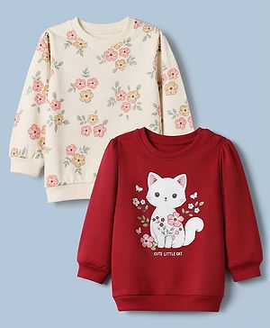 Babyhug Heavy Gauge 100% Cotton Terry Knit Full Sleeves Sweatshirts with Marie & Floral Print Pack of 2 - Red & Cream
