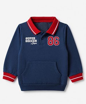 Babyhug 100% Cotton Heavy Gauge Terry Knit Collared Sweatshirt with Full Sleeves and 86 Embroidery with Kangaroo Pockets - Navy Blue