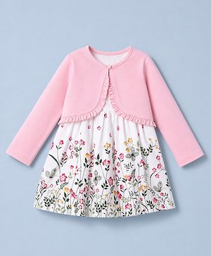 Babyhug Poplin Woven Frock and Full Sleeve Shrug with Floral Print - White & Pink