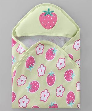 Babyhug Terry 100% Cotton Knit Hooded Towel With Embroidered Strawberry L 74.5 x B 77 cm - Light Green
