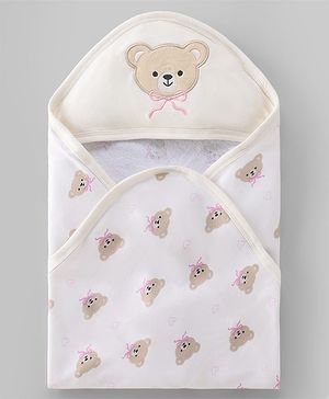 Babyhug Terry 100% Cotton Knit Hooded Towel With Embroidered Teddy Bear L 78 x B 74 cm - White