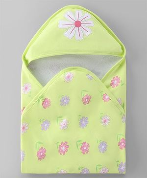 Babyhug Terry 100% Cotton Knit Hooded Towel With Embroidered Floral L 79 x B 75 cm - Light Green