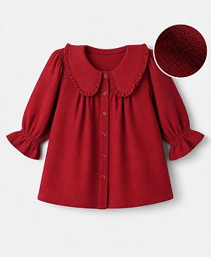 Pine Kids Woven Full Sleeves and Frill Cuffs Solid Colour Top with Peter Pan Collar - Maroon