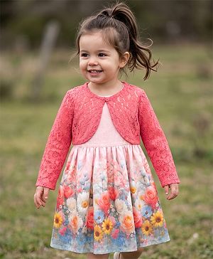 Babyhug Poplin Woven Frocks with Jacket with Full Sleeves and Floral Print in Pink