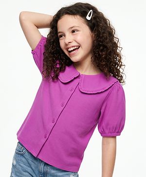 Pine Kids Cotton Woven Half Sleeves Solid Top with Puffed Sleeve - Purple