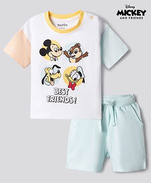 Bonfino Disney Single Jersey Knit Half Sleeves T-Shirt & Shorts Night Suit with Mickey & Friends Graphics - White