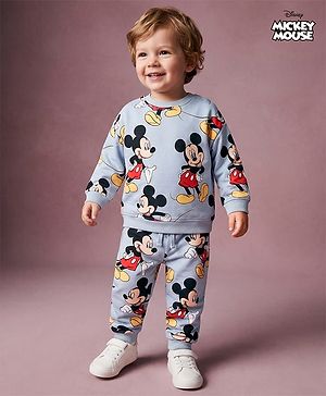 Bonfino Disney Terry Knit  Full Sleeves Co-Ords T-Shirt & Lounge Pant Set with Mickey Mouse Print - Grey