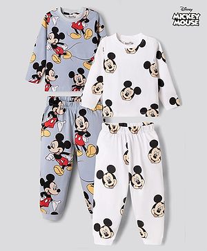 Bonfino Disney Single Jersey Knit Full Sleeves Co-Ords T-Shirt & Pyjama Night Suit with Mickey Mouse Print Pack of 2 - White & Grey