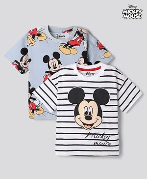 Bonfino Disney Cotton T-Shirts with Half Sleeves and Mickey Mouse Print in White/Blue Pack of 2 for 9-12 Months