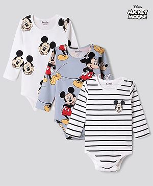 Bonfino Disney Interlock Knit Full Sleeves Striped Onesies With Mickey Mouse Graphic Pack of 3 - White, Blue & Red