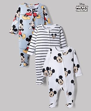 Bonfino Disney 100% Cotton Interlock Knit Full Sleeves Striped Sleep Suits with Mickey Mouse Graphic Print Pack of 3 - White, Light Blue