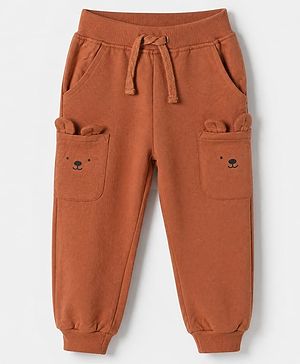 Babyhug Terry Knit Cotton Full Length Lounge Pants With Applique - Brown