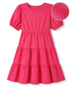 Pine Kids Woven Tiered Solid Dress With Half Sleeves - Fuchsia
