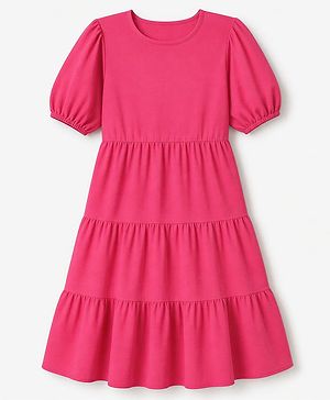 Pine Kids Woven Tiered Dress with Half Sleeves - Fuchsia