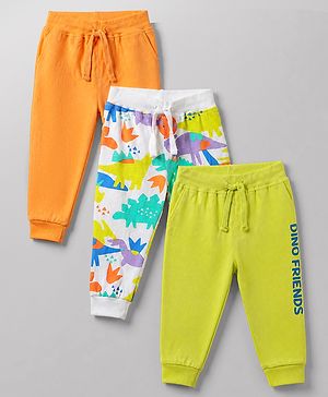 Babyhug Cotton Knit Jogger Fit Full Length Lounge Pant With Text & Dino Print Pack of 3 in Orange White