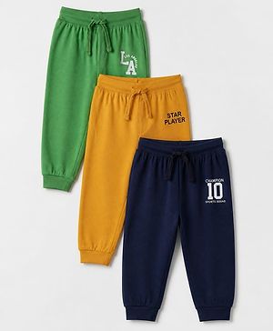 Babyhug Cotton Jersey Knit Full Length Jogger Fit Lounge Pants with Los Angeles & Star Player Text Print Pack of 3 - Green, Mustard & Navy Blue