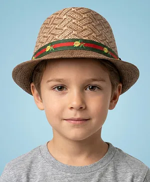 Vritraz Cotton Woven Floral Embroidered Band Detailed Fedora - Brown - Circumference 52-56 Cm