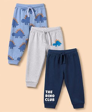 Babyhug Cotton Jersey Knit Full Length Lounge Pant with Dino Print in Blue & White Pack of 3