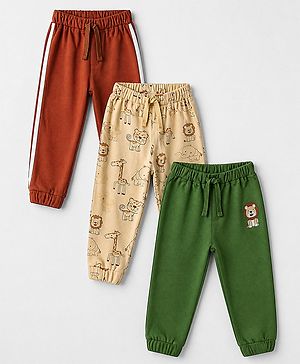 Babyhug Cotton Jersey Knit Full Length Lounge Pants with Lion & Elephant Print in Brown Green & Beige Pack of 3