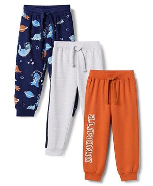Babyhug Cotton Knit Full Length Jogger Fit Lounge Pant With Animal Print Pack of 3 in Navy Blue Grey Yellow