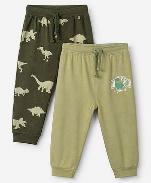 Babyhug Cotton Knit Full Length Jogger Fit Lounge Pant With Dino Print Pack of 2 in Green