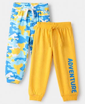 Babyhug Cotton Knit Full Length Jogger Fit Lounge Pant With Camouflage Print Pack of 2 in Yellow Blue