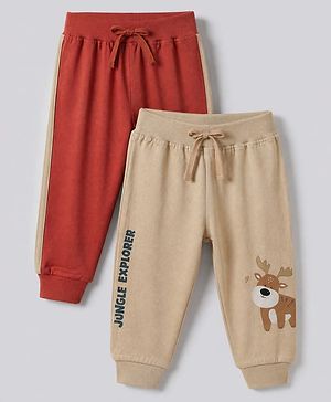Babyhug Cotton Jersey Knit Jogger Fit Full Length Lounge Pant Pack of 2 With Deer Print in Red