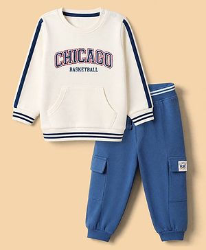 Babyhug 100% Cotton Terry Knit Full Sleeves T-Shirt & Joggers Set With Text Print - Off White & Navy Blue