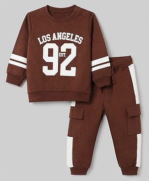 Babyhug Terry Knit Full Sleeves T-Shirt & Joggers Set With Text Print - Brown