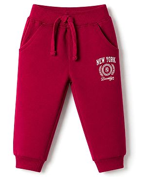 Babyhug Cotton Terry Knit Jogger Fit Full Length Lounge Pant with New York Brooklyn Print in Maroon