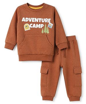 Babyhug Terry Knit Full Sleeves T-Shirt & Joggers Set With Text Print - Brown