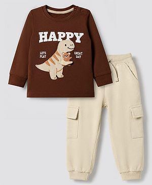 Babyhug 100% Cotton Terry Knit Full Sleeves T-Shirt and Joggers Set With Dino Patch - Brown