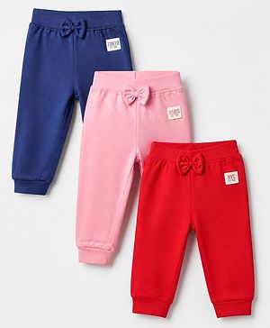 Babyhug Cotton Jersey Knit Full Length Track Pant With Bow Patch Pack of 3 - Blue Pink & Red