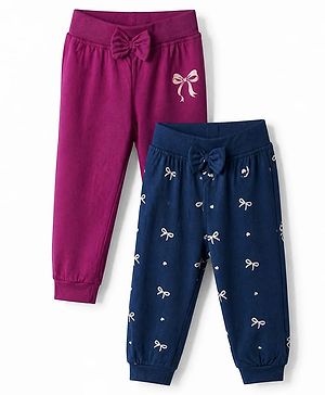 Babyhug Cotton Jersey Knit Jogger Fit Full Length Lounge Pant with Bow Print Pack of 2 In Blue Maroon